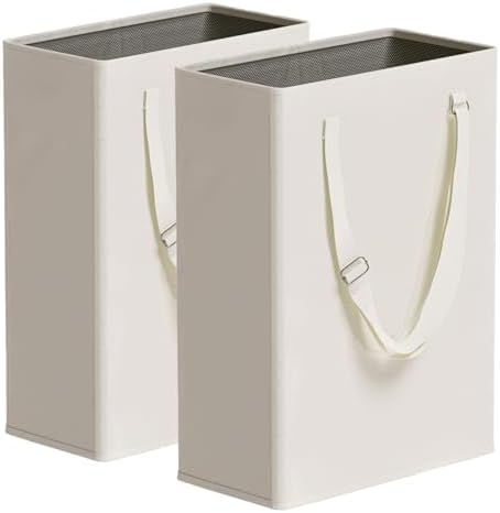 45L Slim Laundry Hamper with Adjustable Long Handles & Mesh Top, Beige 2PCS by TECHMILLY