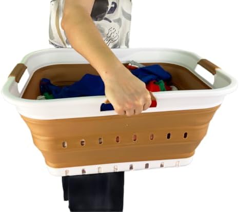 SAMMART 42L (11 gallon) Collapsible Plastic Laundry Basket - Foldable Pop Up Storage Container/Organizer - Space Saving Hamper/Basket (1, White/Honey Brown) - Image 6