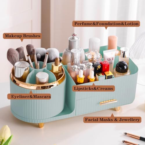 Rotating Makeup Organizer for Vanity with Brush Holder and Drawer, Cosmetic Makeup Storage, Large Spinning Makeup Skincare Organizer, Countertop Makeup Perfume Organizer, Lotions Display Case (Green) - Image 7