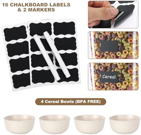 Cereal Dispenser Countertop with Cereal Bowls,16 Labels & Pen, Cereal Containers Storage, Candy Dispenser, Dry Food Dispenser For Pantry - Not Easy to Crush Food (White, 2 Pack) - Image 6