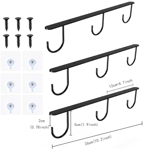 3pcs Under Cabinet Mug Hooks,Adhesive/Screw 2 Ways Install Mug Holder,Coffee Cups Hook with 9 Hooks,Mug Organizion Rack for Displaying Mugs/Cups/Kitchen Utensils (Black) - Image 6