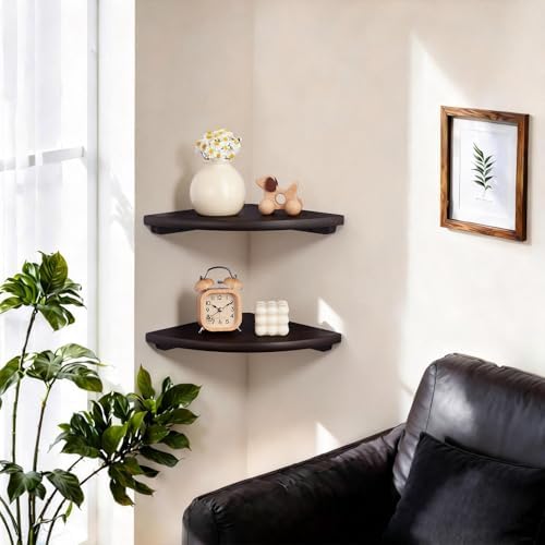Gieanoo Floating Corner Shelves Set 2 10inch Walnut Solid Oak Rounded Corner Shelves Wall Mounted with Cable Hole Wood Corner Hanging Shelves for Living Room Bedroom Bathroom Kitchen - Image 7