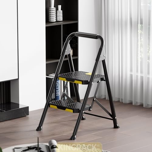 KINGRACK 2 Step Ladder, Sturdy Steel Step Stool with Safe-Lock Design, Handrail, Anti-Slip Wide Pedals, Pass 800lbs Load Testing, Folding Portable Ladder for Multi-Purpose, Home, Kitchen, Black - Image 6