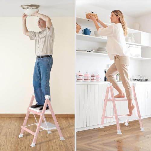 2 Step Ladder, Folding Step Stool with Anti-Slip Wide Pedal, Anti-Slip Feet, Sturdiest Steel Construction, 330lbs Capacity Steel Ladder for Home and Office, Pink White - Image 7