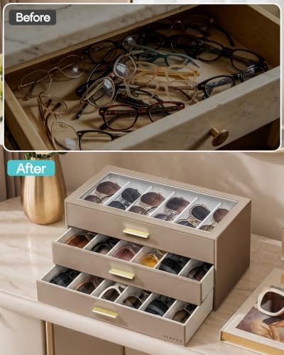 VLANDO 18-Slot Sunglasses Organizer Case with Clear Lid & 3 Drawers,Toffee - Image 7