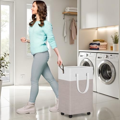 HomeHacks 75L Rolling Laundry Basket with 4 Wheels Collapsible Khaki - Image 6