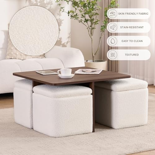 Square Coffee Table with Storage Ottomans, Beige - Image 6