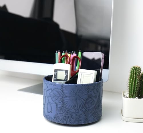 Round Leather Art Supply Organizer,Remote Control Holder,360 Degree Spinning,Multi-Functional Pencil Holder,4 Compartments Desktop Stationary Organizer(1-Carved Blue) - Image 7