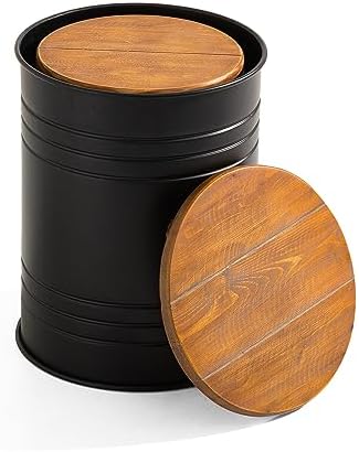 Glitzhome Rustic End Table Set of 2, Farmhouse Galvanized Metal Barrel Ottoman Storage Stool with Round Wood Lid for Living Room Furniture, Black - Image 7