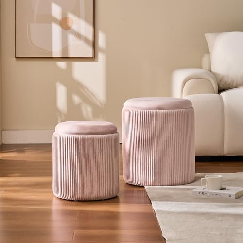 BLEXA Set of 2 Round Storage Ottoman, Velvet Pink Ottoman with Storage - Image 6