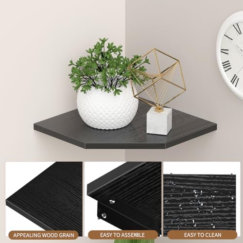 JJL Corner Shelves, 12 Inch Corner Shelf Wall Mounted with Wire Hole, 4 Tier 13.3 Inch Deep Wooden Corner Hanging Shelving for Wall Storage, for Speaker, Cable Box, Black - Image 6