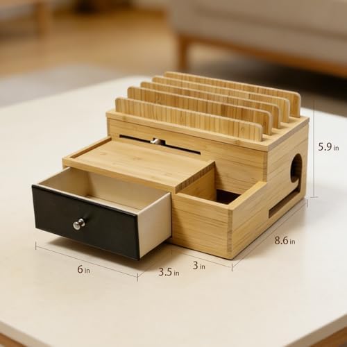 Bamboo Charging Station Organizer with Drawer and Pen Holder - Image 7