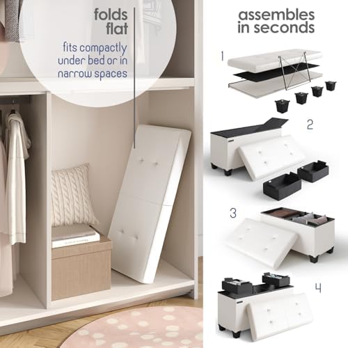 Storage Ottoman Bench Storage Bins,30-In Storage Bench for Bedroom End Bed,Folding Foot Rest Ottoman Storage for Living Room,Storage Chest Max 660lbs,Faux Leather Ottoman,White - Image 6