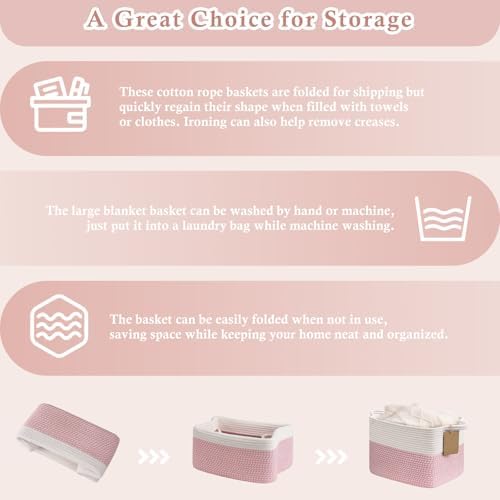 Goodpick Woven Rope Storage Basket for Shelves, Rectangle, Pink & White - Image 7