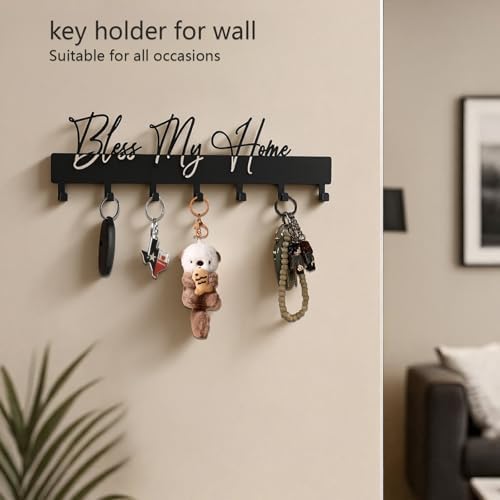 Exquisite Fashion Phrase Key Holder Wall Mount,Bless My Home Key Hooks for Wall Decoration,Black Metal Key Hanger with 7 Hooks for Entryway,Office,Living Room Decor - Image 6