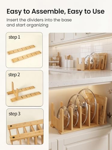 2 Pack Bamboo Pot Lid Organizer for Drawer & Cabinet, 6-Slot Lid Holder - Image 7