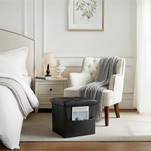 Bsketa Storage Ottoman Bench,15 Inch Folding Leather Foot Rest Stool, Black - Image 7