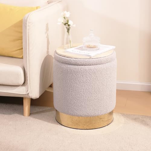 YYW HOME Round Ottoman with Storage Set of 2 Gray Sherpa Vanity Stool - Image 6