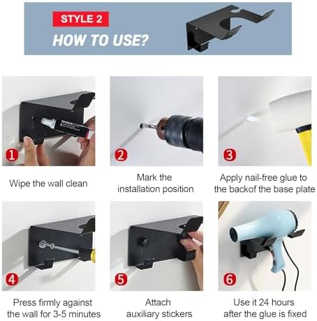 Hair Dryer Holder Wall Mount, Stainless Steel Blow Dryer Holder for Bathroom, Rustproof Hair Dryer Organizer Fits 2.3" Diameter, Easy Wall Installation (Black) - Image 6