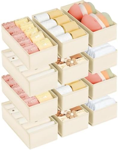 DIMJ Drawer Organizer Clothes - Underwear Organizer Small Sock Organizer Closet Organizers and Storage Box Dresser Drawer Dividers for Baby Clothes,Bra,Socks, Belt, Tie, Set of 12, Beige by DiMJ