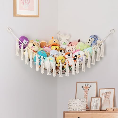 Stuffed Animal Hammock Net, Toy Storage For Stuffy, Plushie Net Wall Hanging Organizer Corner Holderwith Tassels Hooks For Kids Bedroom Nursery Room - Image 6