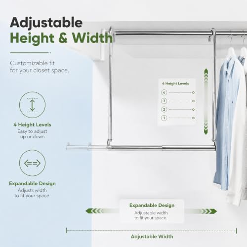 2 Pack Hanging Closet Rod Stainless Steel, Adjustable Width & Height 16–27.5 in Closet Rod Extender with 360° Rotating Hooks, Space-Saving Closet Hanging Organizer for Clothes, Pants, Skirts, Towels - Image 7