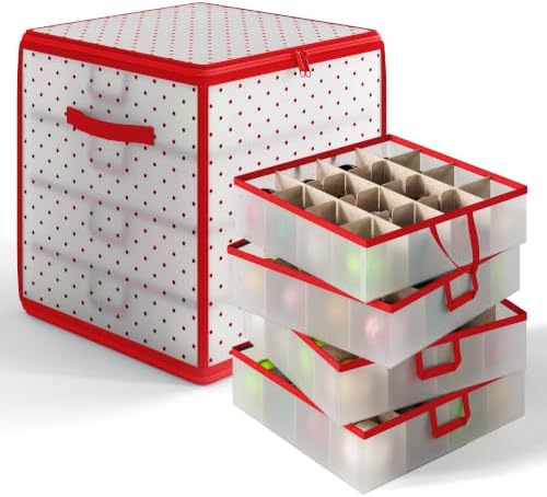 Hearth & Harbor Christmas Ornament Storage Box With 4 Inner Tray Dividers - Plastic Ornament Storage Container For 64 Holiday Ornaments or Decorations - Red by HearthHarbor