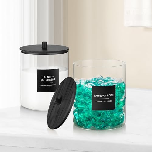 TIPGO Glass Jars for Laundry Room Organization, Laundry Pods Container with 27 Labels, Detergent Holder with Bamboo Lid, Cute Storage Jars, Black (Set of 2) - Image 6
