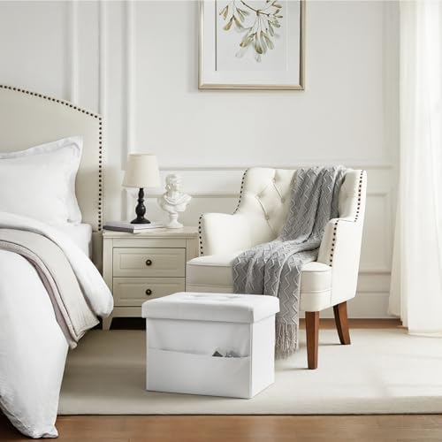Bsketa Storage Ottoman Bench,16 Inch Folding Leather Foot Rest Stool, White - Image 7