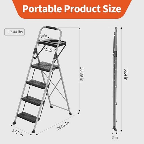 Folding Step Stool 4 Step Ladder with Tool Platform, Wide Anti-Slip Pedal and Anti-Slip Feet, Sturdiest Steel Construction, 900lbs Capacity Steel Ladder, Installation Free, Grey - Image 4