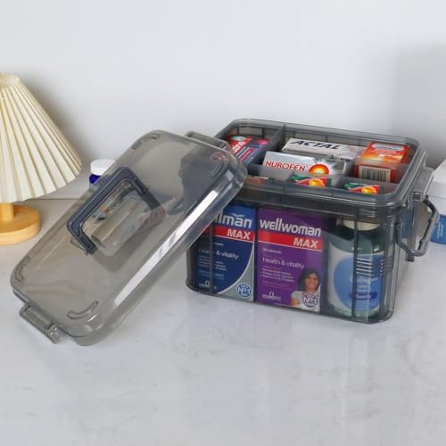 2-Tier Medicine Organizer - Plastic Portable Storage Box with Handle Grey - Image 6