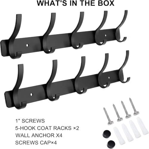Coat Rack Wall Mounted,5 Coat Hooks for Hanging Coats,Heavy Duty Metal Double Hook Rack Hook Rail,Coat Rack with Hooks,Wall Mount Coat Hanger for Hat Towel Purse Robes (2 Pack Black, 5 Hooks) - Image 6