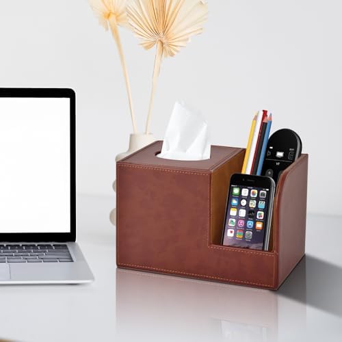 PU Leather Square Tissue Box Cover,Multifunctional Tissue Box Holder,Tissue Box with Storage,Tissue and Remote Control Holder,Tissue Box Decorative Desk Organizer for Home&Office,Brown - Image 6