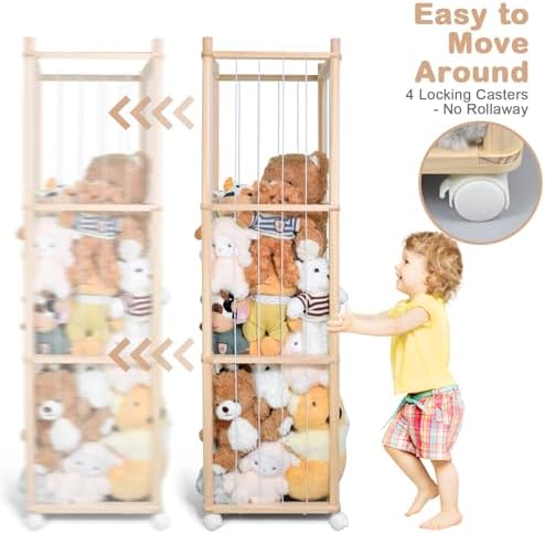 Stuffed Animal Storage, Wood Stuffed Animal Zoo Storage with Brake Wheels, Space Save Toy Organizer, Large Capacity Stuffed Animal Holder, Perfect for Nursery Playroom Kidroom Bedroom-54.3 Inch - Image 7