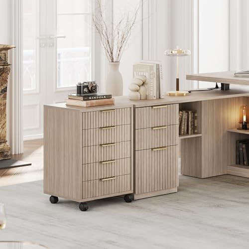 5 Drawer Chest, Under Desk Storage Wood Drawers with Wheels, Fluted File Cabinet for Home Office, Light Oak - Image 7