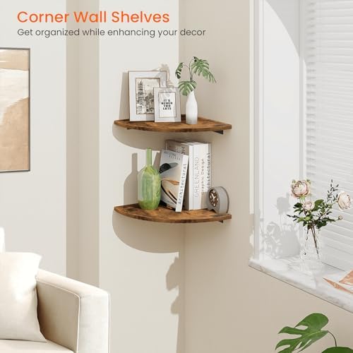 Homode Corner Shelf Wall Mount, 12 Inch Wood Floating Corner Shelves with Cord Hole, Set of 2 Large Corner Hanging Shelves for Bathroom Bedroom Kitchen, Rustic Brown - Image 6