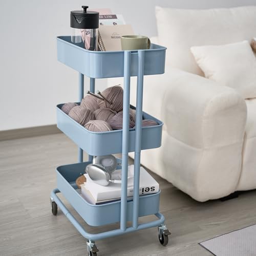 3 Tier Rolling Cart Metal Heavy Duty Utility Cart with Silent Caster Lockable Wheels Multi-Functional Organization Carts Storage Trolley with Mesh Shelves for Office Kitchen Living Room Blue - Image 7