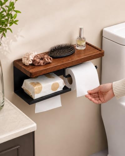 Toilet Paper Holder with Shelf, Wall Mount Walnut & Stainless Steel - Image 6