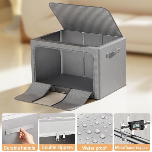 Clothes Storage Bins with Metal Frame, Foldable Clothes Organizers Storage Containers for Clothes, Sheets, Blankets, Pillows and Towels (66L, 3 Pack, Deep Grey - Image 6