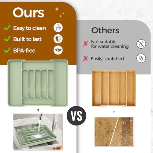 ukeetap Extra Large Expandable Silverware Organizer, Flatware Tray, Green - Image 7
