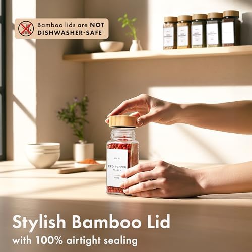 EDELHAUS Glass Spice Jars with Label, 36x Bamboo Wooden Lids - White Labels - Image 6