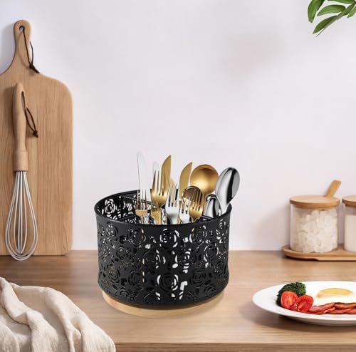 Kitchen Utensil Holder,Utensil Caddy for Party,360 Rotating Cutlery Organizer with Wooden Base,Metal Flatware Organizer Countertop with 4 Compartment,Spoons Forks Caddy for Camping Picnic - Image 6