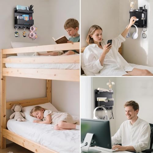 Bedside Wall Shelf with Glasses Hooks ,Adhesive Bedside Organizer Wall Mount for Dorm and Room Accessories Phone,Remote,Earphone, Kindle (Black) - Image 6