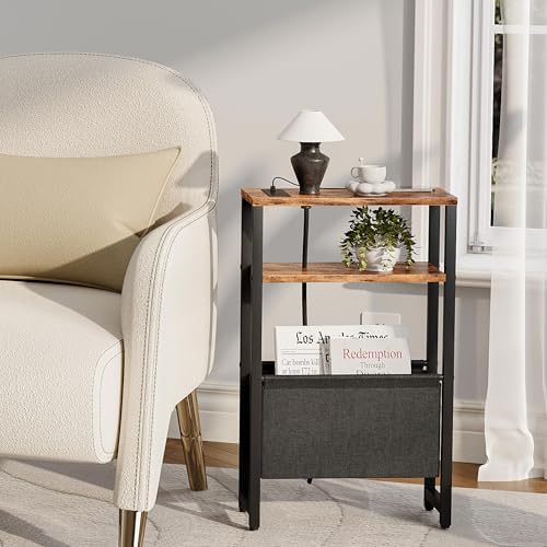 Narrow Side Table with Charging Station Slim End Table Sofa with Magazine Rack, Bedside Table for Small Spaces, 3 Tier Nightstand for Living Room Couch, Bedroom Rustic Brown LET503RE - Image 7