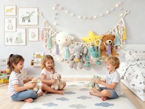 Large Cotton Rope Weaving Stuffed Animal Storage Plush Toy Net Wall Hanging Hammock Organizer Holder with Colorful Tassel for Nursery Room Boho Deco - Image 6