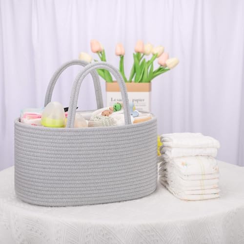 COMSE Large Cotton Rope Baby Diaper Caddy Organizer with Handles, Cool Gray - Image 7