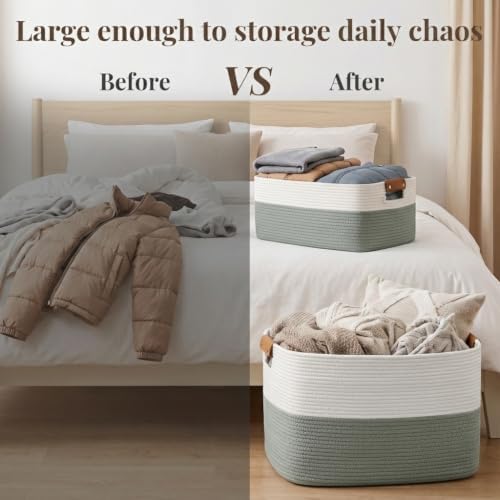 Danpinera 70L Large Woven Blanket Basket for Living Room White & Sage Green - Image 6