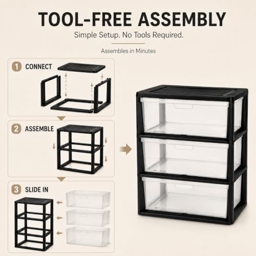 Plastic Storage Drawers, 3 Drawer Tower with Clear Removable Bins, Black - Image 7