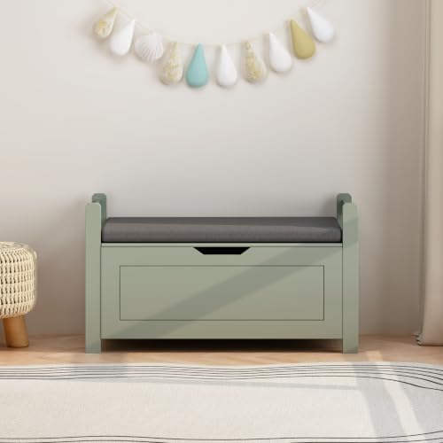 Storage Chest, Storage Bench with Cushion Seat, Toy Chest, Wooden Toy Box with 2 Safety Hinges, Shoe Bench, for Entryway, Living Room, Bedroom, Green - Image 7