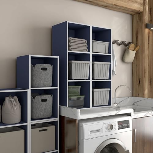 Homes: Inside + Out Apexa 3-Cube Storage Organizer Shelves, Stackable Wood Bookcase Fits Cubby Bins for Organization, Dorm Teen Room Decor & Home Office, Steel Blue - Image 6
